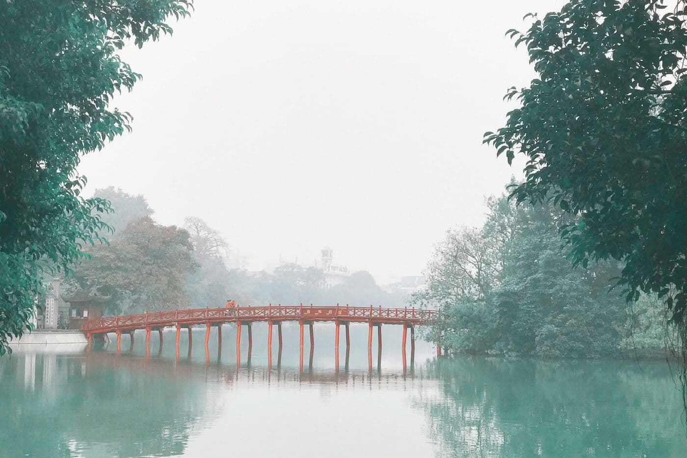 The Huc Bridge on Hoan Kiem Lake in the mist