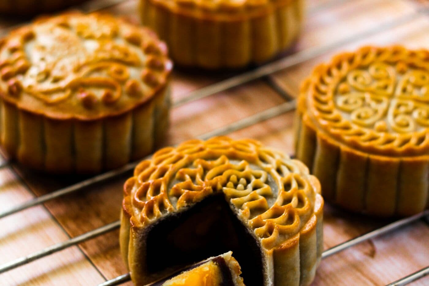 Baked mooncakes, one cut open