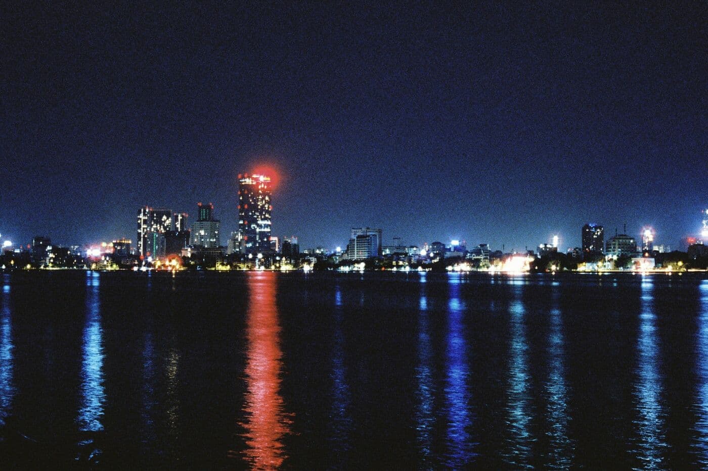 City lights across West Lake at night